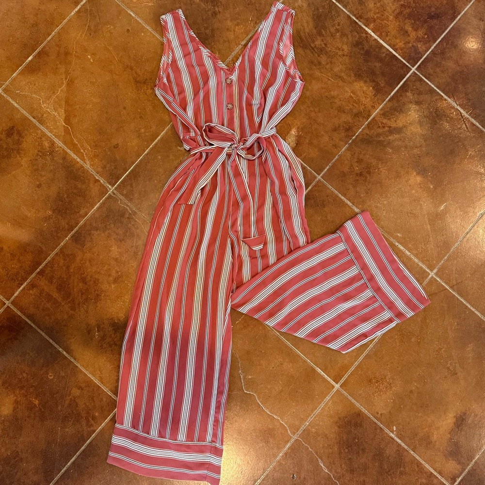Striped Red Tint Pink Jumpsuit Adjustable Tie Waist Vneck Button Down Summer
